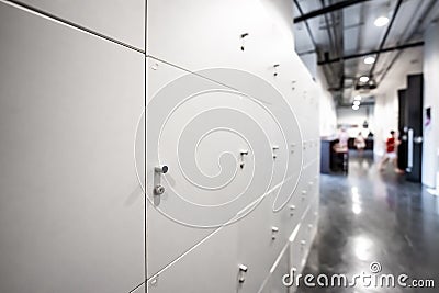 Large gray locker with each locker closed located beside corridors inside building are dimly lit Stock Photo