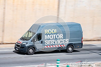 Large gray Peugeot Boxer van along Barcelona's Ronda Litoral Editorial Stock Photo