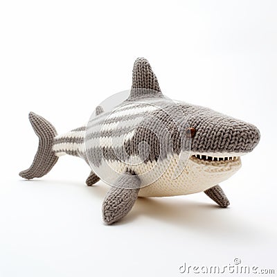 Realistic Knitted Shark Toy On White Surface Stock Photo