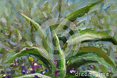 Large green bush among the violet flowers of violets - spring emotional abstract painting on canvas Stock Photo