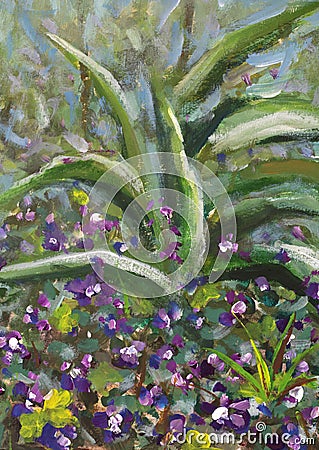 Large green bush among the violet flowers of violets - spring emotional abstract painting on canvas Stock Photo