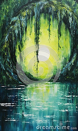 Large Green Hole Tree Hanging Bayou Moon Crashes Earth Sun Rays Stock Photo