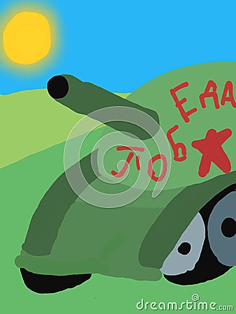 A large green Russian tank with a red star and the words Victory painted on it. Stock Photo