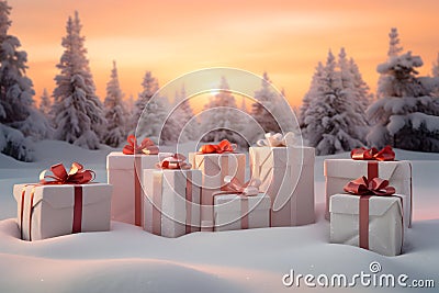 Large group of Christmas gifts with red ribbons on snow covered surface. Stock Photo