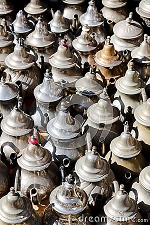 Large group, collection, of silver platted arabic mint tea pots. Stock Photo