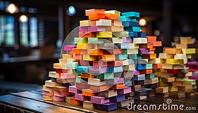 Large group of colorful papers stacked in a vibrant office generated by AI Stock Photo