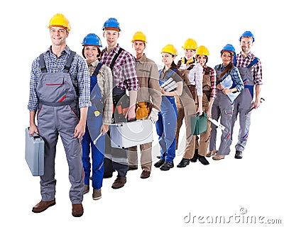 Large group of construction workers queuing up Stock Photo