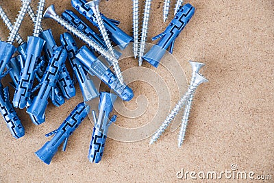 Large group of different wall plugs and screws Stock Photo