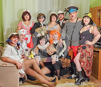 A large group of friends dressed as famous characters. New Year holiday. Editorial Stock Photo