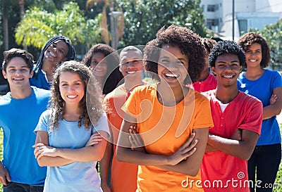 Large group of happy african american woman and caucasian and latin and hispanic man Stock Photo