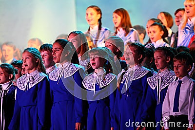 Large group of happy teens sings together Editorial Stock Photo