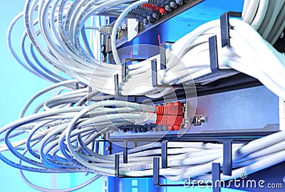 Large group of internet cabling in the data center Stock Photo
