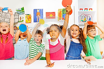 Large group of kinds in kindergarten class Stock Photo