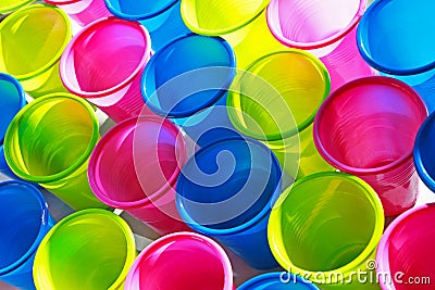 Large group of multi colored plastic cups Stock Photo