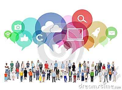 Large Group of Multiethnic People with Social Media Symbols Stock Photo