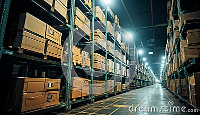 Large group of objects in a row inside a warehouse generated by AI Stock Photo