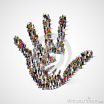 Large group of people in form of Helping hand icon. Care, adoption, pregnancy or family concept. Vector Illustration