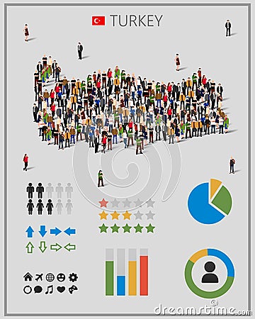 Large group of people in form of Turkey map with infographics elements. Vector Illustration