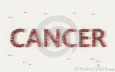 Large group of people forming Cancer lettering text in social media and community concept on white background. 3d sign of crowd Cartoon Illustration