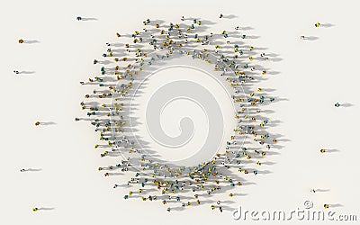 Large group of people forming a circle geometry icon with copy space in social media and community concept on white background. 3d Cartoon Illustration