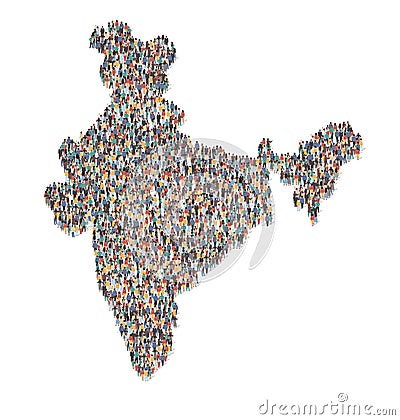 Large group of people forming India map standing together, flat vector illustration. Population demographics. Vector Illustration