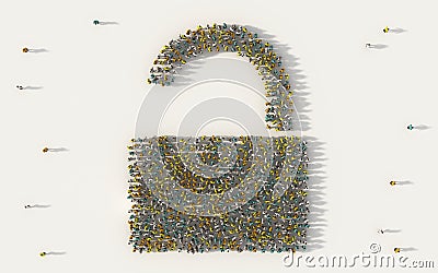 Large group of people forming a safety unlock symbol in social media and community concept on white background. 3d sign of crowd Cartoon Illustration