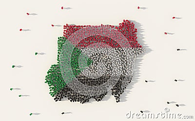 Large group of people forming Sudan map and national flag in social media and community concept on white background. 3d sign Cartoon Illustration