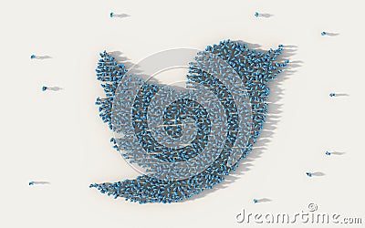 Large group of people forming Twitter bird flying symbol in social media and community concept on white background. 3d sign of Cartoon Illustration