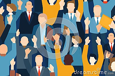 A large group of people gathered in a closedoff area with their fists raised and chanting.. AI generation Stock Photo