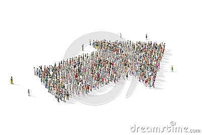 Large group of people gathered in the shape of an arrow Stock Photo