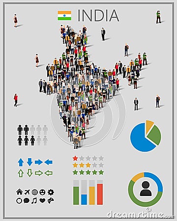 Large group of people in India map with infographics elements. Background for presentation. Vector Illustration