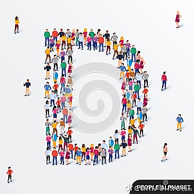 Large group of people in letter D form. Human alphabet. Vector Illustration
