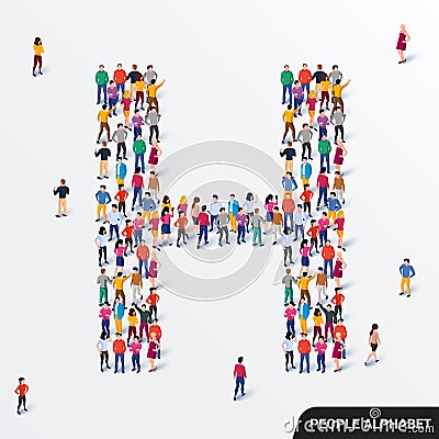 Large group of people in letter H form. Human alphabet. Vector Illustration