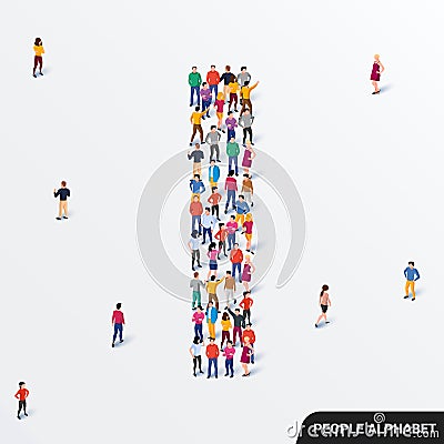 Large group of people in letter I form. Human alphabet. Vector Illustration