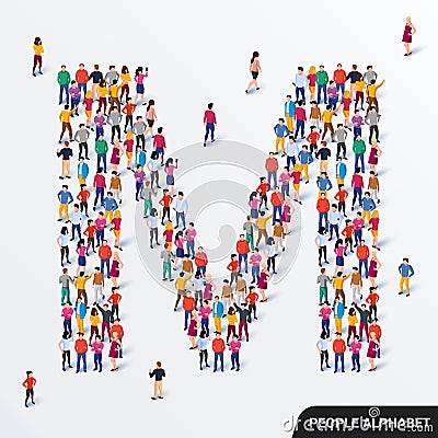 Large group of people in letter M form. Human alphabet. Vector Illustration