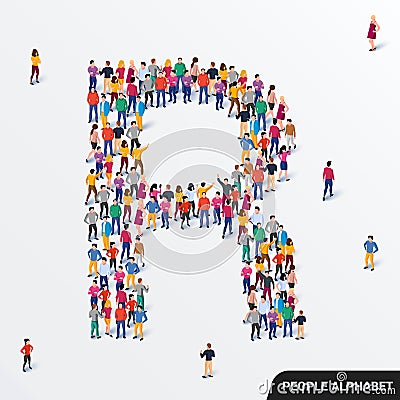 Large group of people in letter R form. Human alphabet. Vector Illustration