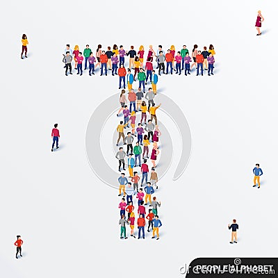 Large group of people in letter T form. Human alphabet. Vector Illustration