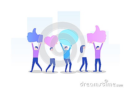 Large group of people with like, thumb, heart, signs. Social network concept. Vector Illustration