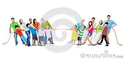 Large Group of People Pulling Rope Stock Photo