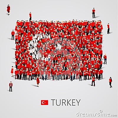 Large group of people in the shape of Turkish flag. Republic of Turkey. Vector Illustration