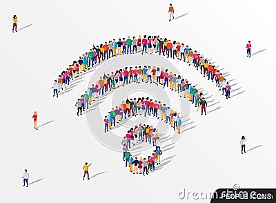 Large group of people in the shape of wi-fi sign. Wireless internet. Vector Illustration