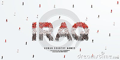 A large group of people stands, making up the word Iraq. Iraq flag made from people crowd. Vector Illustration