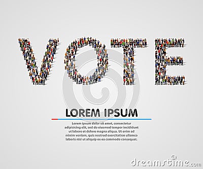 Large group of people in the vote word shape. USA. Vote, presidential elections concept. Vector Illustration