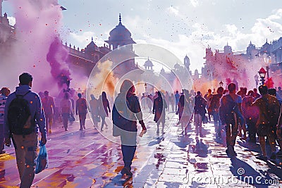 A large group of people walking down a street during the Holi Festival of Colors, celebrating and parading together Stock Photo