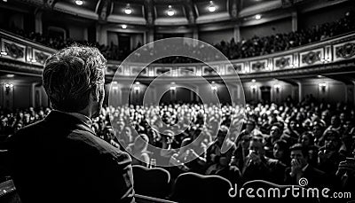 Large group of people watching a black and white theatrical scene generated by AI Stock Photo