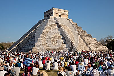 Large Group of People Watching the Spring Equinox at Chichen Itza Kukulcan Temple Editorial Stock Photo