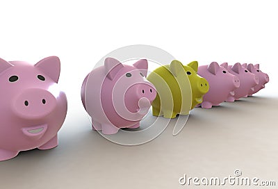 Large group of pink piggy banks with one yellow leader Stock Photo