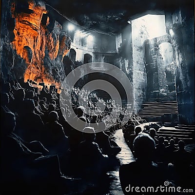 Large group sits in amphitheater-like structure. Dark figures fill rows of seats. Light source illuminates stage area. Possible Stock Photo