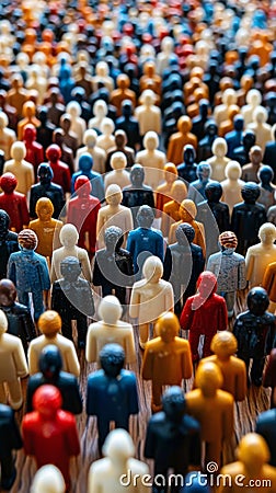 A large group of small plastic people standing in a line, AI Stock Photo
