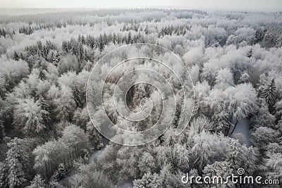 a large group of trees covered in snow in a forest with lots of trees covered in snow in the foreground, and a road in the middle Stock Photo